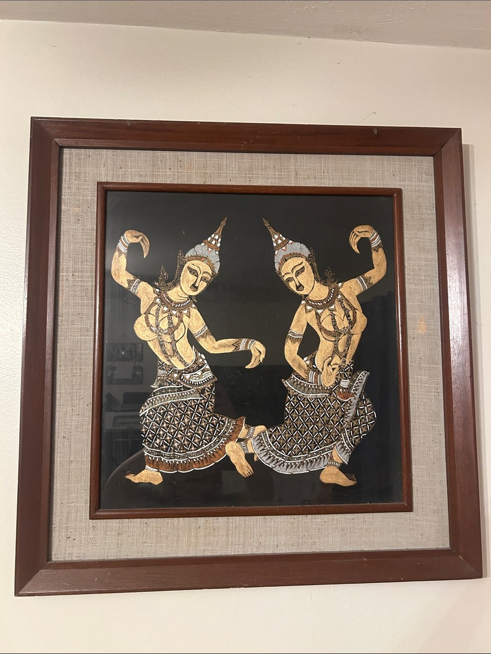 Vintage Gold Thai Silk Dancer Wall Art in Wood Frame
